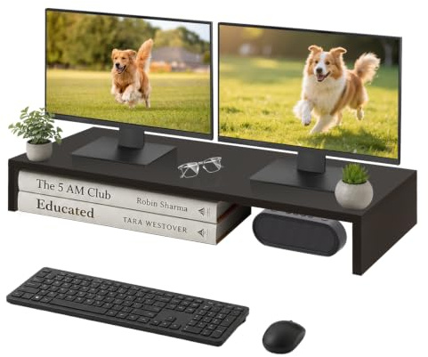 Monitorständer Holz, ergonomische Monitorerhöhung für Schreibtisch, passend für PC, Laptop und TV, belastbar bis 20kg, 90x30x15cm, Schwarz
