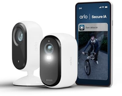 Arlo Essential 2 2K et Essential Indoor 2K, Caméra de Surveillance WiFi Extérieure sans Fill, Vision Nocturne Couleur, Sirène et Audio Bidirectionnel, Essai Secure Inclus, 1 Caméra Blanc