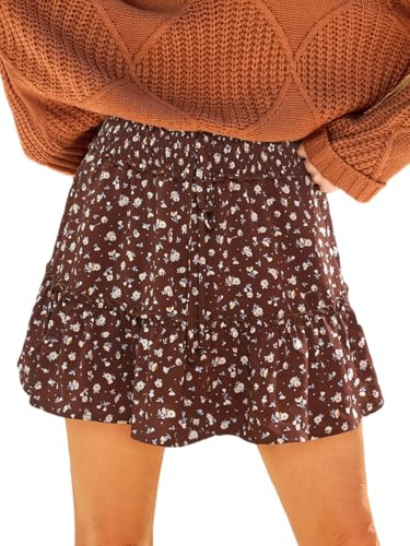 CUPSHE Minifalda de mujer con estampado floral con volantes de cintura alta elástica acampanada falda corta casual, marrón, S
