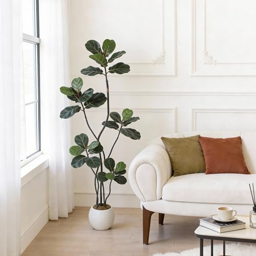 6FT Artificial Fiddle Leaf Fig Tree Realistic, Potted Fake Ficus Lyrata Plant with Adjustable Boughs & Modern Planter for Home Office Decor Indoor