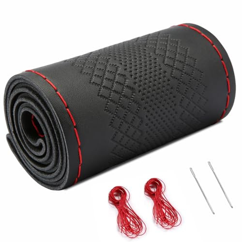 Wenbones Echtes Leder Lenkradbezug, Lenkradbezug Für LKW, zum Aufnähen, Universal Passform 37-39 cm Autolenkräder, Anti Rutsch mit Nadel und Faden Handgenähtes atmungsaktives Rindsleder (Rot. Linie)