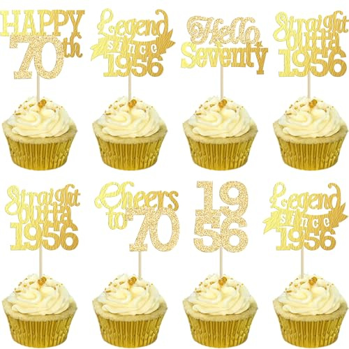 Gyufise 24Pcs Happy 70th Birthday Cupcake Toppers Hello Seventy Legend Since 1956 Cupcake Picks Cheers to 70 Years Cake Decorations for 70th Birthday Anniversary Party Supplies Gold