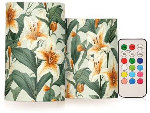 KLL Velas votivas decorativas parpadeantes con diseño de flores de lirio amarillo, funciona con pilas, luces electrónicas sin fuego con temporizadores para Navidad, Navidad, funciona con pilas