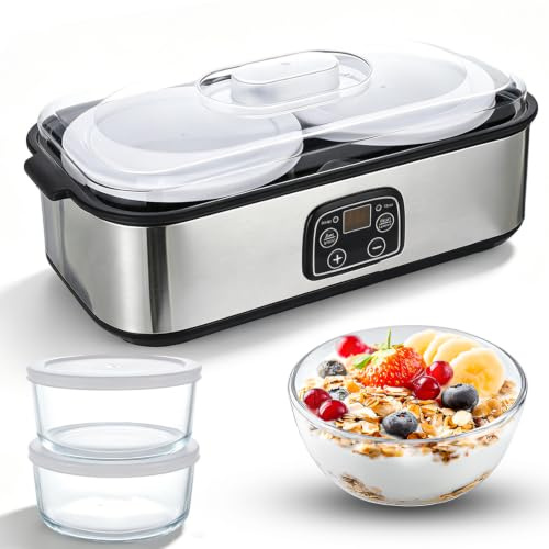 Yogurtera automática de 2 l, yogurtera eléctrica con temperatura ajustable y temporizador, pantalla LED con 2 recipientes de cristal para yogur orgánico, queso, natto y vino de arroz