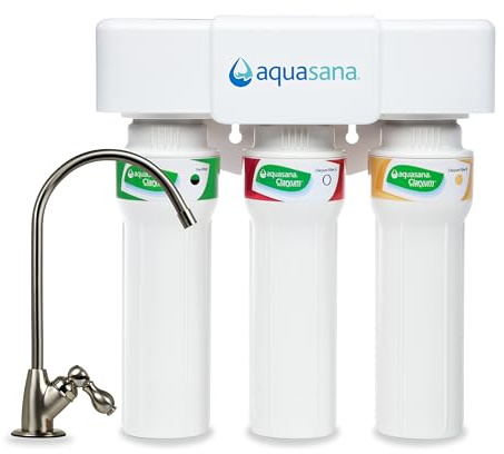Aquasana 3-Stage Max Flow Claryum Under Sink Water Filter System - Kitchen Counter Claryum Filtration - Filters 99% Of Chlorine - Brushed Nickel Faucet - AQ-5300+.55, White