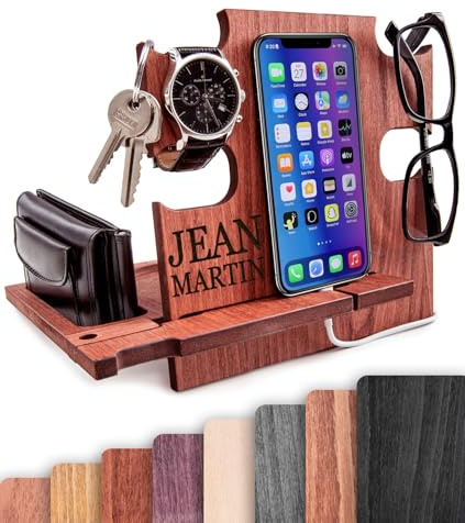 Docking Station in Legno Personalizzata – Regalo di Natale Uomo, Organizzatore Comodino per Smartphone, Portafoglio e Orologio – Idea Regalo Natale per Marito, Papà, Fidanzato