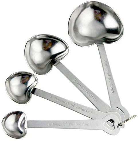 Juego de 3 cucharas medidoras de acero inoxidable en forma de corazón con soporte de anillo para ingredientes secos o líquidos (12 piezas)