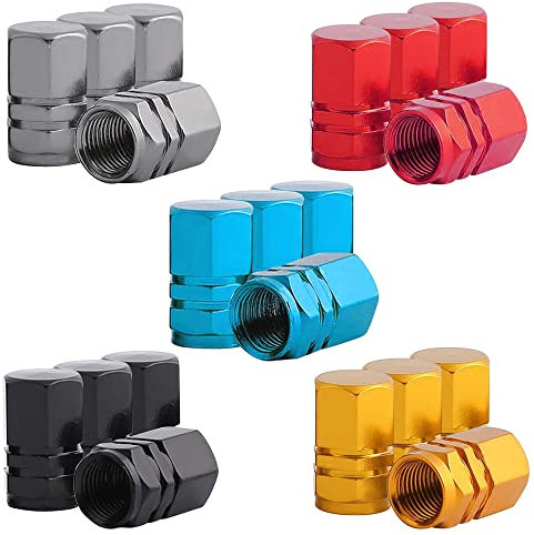 QitinDasen 20Pcs Premium Tyre Valve Stem Caps, Aluminum Alloy Hexagon Tire Valve Dust Covers, Universal Schrader Valve Dustproof Caps with Gasket, for Car Motorcycle Bike (5 Colors)