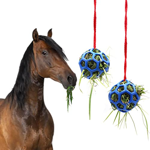 Tirifer 2 palline per cavalli, mangiatoia per fieno, giocattolo da appendere, per cavallo, capra, pecore, alleviare lo stress, stalla per cavalli, paddock (blu)