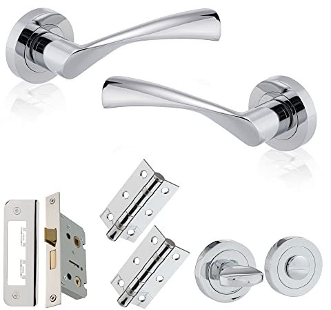 XFORT Polished Chrome Warped Lever On Rose Bathroom Pack, with Ball Bearing Hinges, Thumbturn Release and A Bathroom Lock, Ideal for Internal Wooden Doors for Home and Office.
