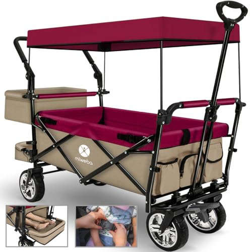 Miweba Faltbarer Bollerwagen MB-20 | Sonnendach UV-beständig - 2X Anschnallgurte - Transportwagen für Kinder - Traglast 100 Kg - Wagen - Feststellbremse - Hartgummireifen (Beige/Bordeaux rot)