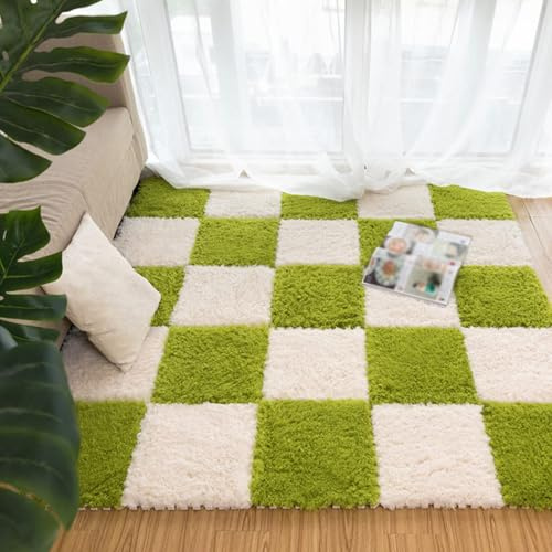 20 Stück Flauschige Ineinandergreifende Schaumstoffmatten-Bodensets,Plüsch-Puzzle-Schaumstoff-Bodenmatte,Flauschige Plüsch-Teppichfliesen für Wohnzimmer,Esszimmer(Color:grün+weiß)