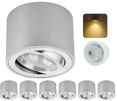 6er Set LED Aufbauspot Aluminium Gebürstet Silber Flach Ø80x50mm – 5W 3000K Warmweiß – Schwenkbar – Deckenspot Aufputz 230V – Wechselbares LED Modul