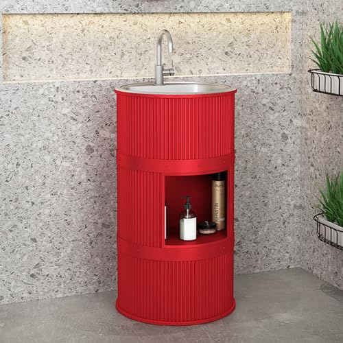 Lavandino a Colonna Moderno in Ferro Battuto, Mobile da Bagno con Lavabo in Acciaio Inox, Lavandino su Piedistallo Freestanding Set con Rubinetto e Scarico (con contenitore,Rosso)