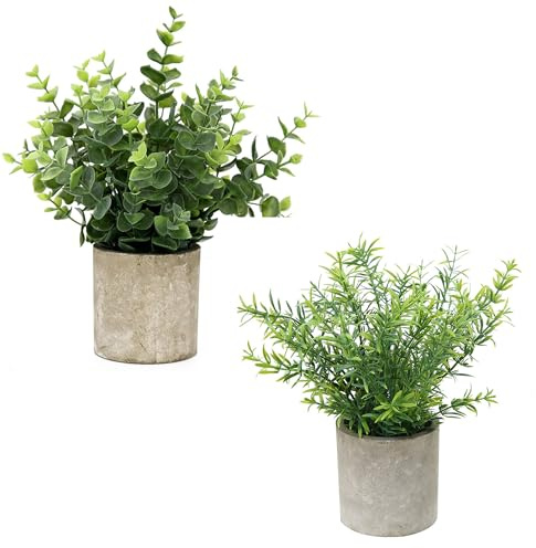 Flojery 2 Pack Small Fake Plants Faux Eucalyptus Potted Artificial Plants for Home Indoor Office Bathroom Dining Room Coffee Table Décor