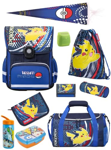 Familando - Schulranzen Set 10-teilig mit Schultüte - Pokémon mit Pikachu Motiv - Ergonomisch, stabil & mit gepolstertem Rücken - 990g leicht, 16L Volumen - Mit Reflektoren - ab 1. Klasse