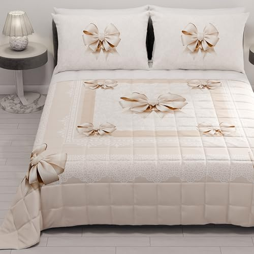 PETTI Artigiani Italiani - Copriletto Matrimoniale Estivo 260x270cm 100 g/m² Double Face, Trapuntino Matrimoniale Primaverile, Trapunta Leggera, Fiocco Beige, 100% Made in Italy