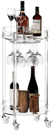 Eglaf Acrylic Bar Cart - Round Rolling Bar Cart - 2 Tiers Home Bar Serving Cart with Lockable Wheels, Glass Holders, for Bar, Living Room, Kitchen, 15.7 D x 15.7 W x 31.1 H, Clear