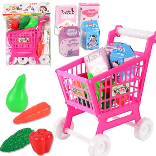 Falafoty Kinder Einkaufswagen Trolley Spielzeug, 21PCS Supermarkt Einkaufen Spielset Wagen mit Essen Obst Gemüse, Rollenspiel vorgeben Lernspielzeug Geschenk für Kinder Einkaufswagen-Zubehör (Rosa)