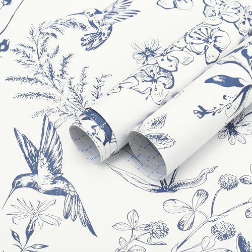 Safiyya Peel and Stick Wallpaper Blue and White Contact Paper Floral Birds Wall Paper Modern Boho Removable Self Adhesive Wallpaper Vinyl Rolls 118x17.3