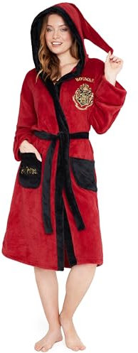 Harry Potter Damen Fleece Bademantel mit Kapuze, Taschen und Bindegürtel, Kuscheliger Morgenmantel(Rot/Schwarz, XL)