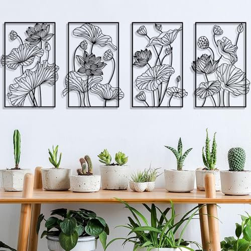 Pduoduo Metall Abstrakte Pflanze Floral Line Art Wanddekoration,Blume Minimalistische Wandkunst,Linie Blume Moderne Hängende Skulptur 4 Panel