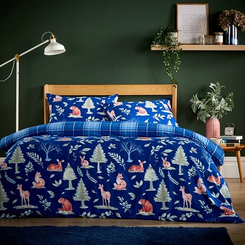 Olivia Rocco Super Soft Flannel Duvet Cover Set Quilt Bedding Covers with Pillowcases Luxurious Colourful Checked Printed Design Reversible Pattern for Comfort Sleep, Woodland Navy Double