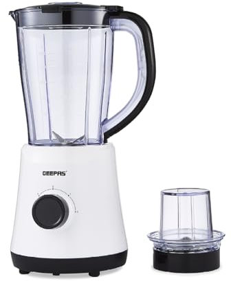 GEEPAS 2-in-1 Food Jug Blender | 1.5L Juice Jar & 60G Mini Coffee Spice Grinder Mill 4-Leaf Stainless Steel Blades 2 Speed & Pulse Lockable Lid Smoothie Maker for Ice Crushing 2 Yr Warranty 500W Black