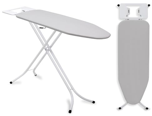 Gr8 Home Folding Ironing Board Padded Cover Foldable Collapsible Legs Adjustable Height Anti Slip Feet Iron Storage Holder Rack Grey Cotton Cover White Frame Stand 110 x 34cm