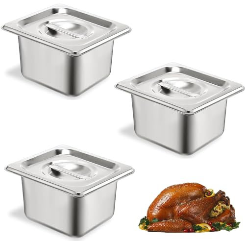 Pack of 3 GN Containers with Lid, Gastro Container, Stainless Steel Container with Lid, Gastronorm Container, Food Warming Container, 1/6 Size 17.5 x 16.2 x 10 cm