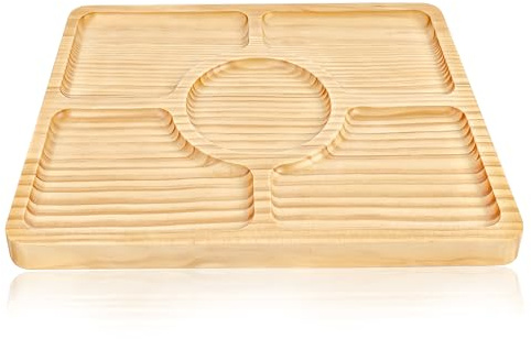 WILLKOMMEN Divided Wood Serving Tray, Rectangular Tray Chip and Dip Platter, Serving Tray with 5 Sections for Appetizers & Snacks, Veggie Platter, Food Trays for Party 12'' x 8.7'' x 0.6''