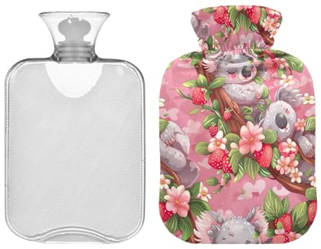 Klassische Wärmflasche mit Bezug, 2 l, süße Wärmbeutel für Menstruationskrämpfe, Nacken, Schulter, Rückenschmerzen, Betthandfußwärmer, süße Koala-rote Erdbeeren