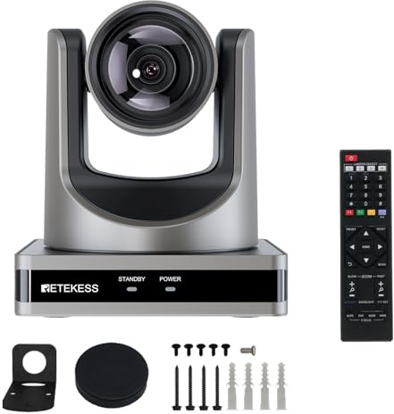 Retekess TC202 PTZ Kamera, 1080p Videokonferenzkamera, KI-gestützte Automatische Verfolgung, 12-Facher Optischer Zoom, HDMI Netzwerk POE USB 3.0 LAN, Live-Streaming für Kirche, Meetings, Bildung