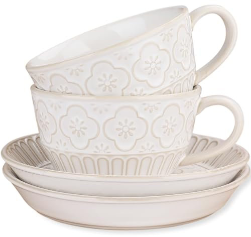 AmiCera Tea Cup and Saucer Set, Tea & Coffee Cups 250ml, Elegant Coffee Cup Set White Porcelain Set & Coffee Cups, Latte Cups and Espresso Mug for Specia, Begonia Pattern, Two Sets