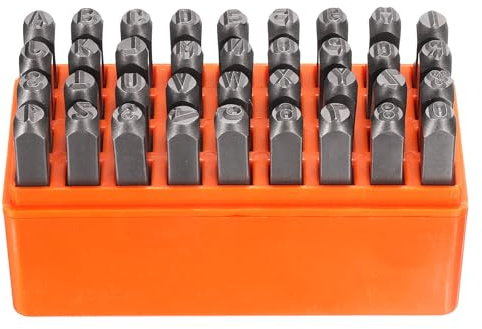 HARFINGTON Metall-Stanzset mit 6 mm großen Großbuchstaben und Zahlen (A-Z / 0-8 / & Symbol) Stanzwerkzeug mit Etui zum Bedrucken von Metall, Kunststoff, Holz, Leder, 36-teilig