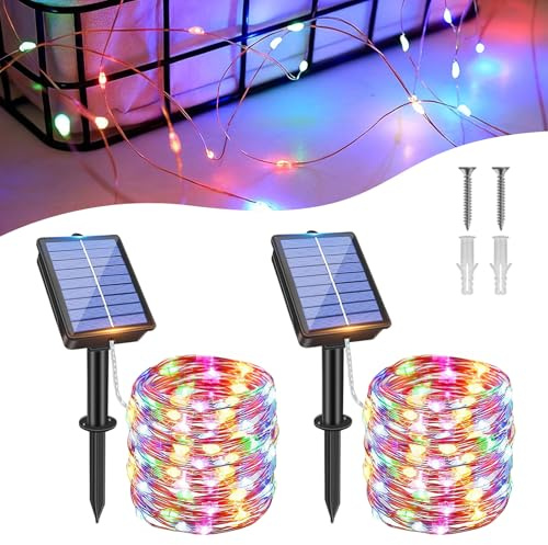 Meision Solar Lichterkette Aussen, 20M 200LEDs Kupferdraht Lichterkette Außen mit 8 Modi + IP65 Wetterfest, Solarlichterkette Weihnachtsbaum für Garten, Balkon, 2 Stück Bunt