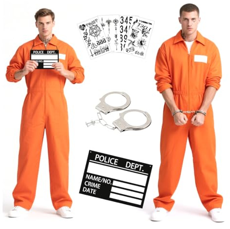 Sträfling Kostüm Herren, Gefangener Häftling Kostüm Orange, Prisoner Overall Costume Damen mit Namensschild Handschellen, Gefangener Gefängnisoverall für Erwachsene Halloween Karneval Cosplay