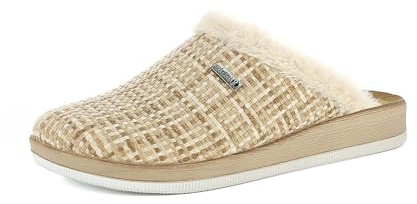 inblu Femme Pantofole Donna Con Decoro Losanghe, Plantare Anatomico Vera Pelle, Bordo in Ecopelliccia, Suola Sintetica Chausson, Sable, 40 EU
