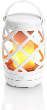 Auraglow Flackernde Flammen Laterne Weiß, Batteriebetriebene LED Lampe | Realistisches Bernsteinlicht für Garten, Camping, Pavillon und Tisch, hängend oder stehend, Rattan Optik, 3 Modi
