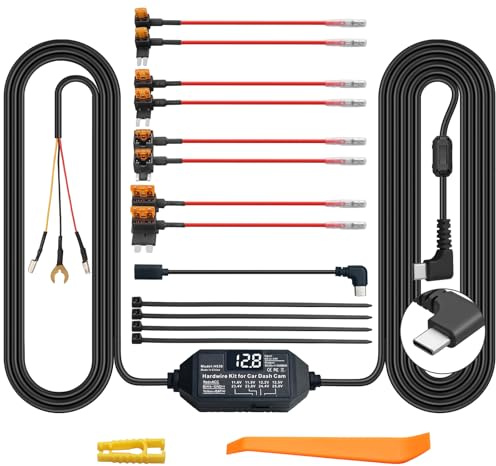 AMTOVL Kit de Cableado USB-C para Dashcam,Kit de Microcargador para Cámara de Coche,12-24V a 5V con con Protección de Baja Tensión,24h. Vigilancia de Estacionamiento Incluye Portafusibles