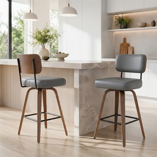 YUUIJOAA 360°Drehbarer Barhocker 2er Set, PU Barhocker 65cm Sitzhöhe mit Holzbeinen, Mid-Century-Design Bar hocker mit 4 Beinen und Lehne, Barstühle Küchenhocker für Küche und Bar,Dunkelgrau