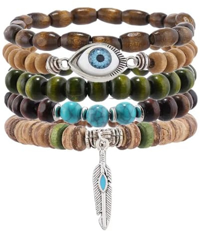 5PCS Boho Beaded Bracelets for Women and Men – Stackable Wooden & Alloy Bracelets with Turquoise Beads and Tree of Life Charm, Handmade Elastic Cuff Jewelry Gift Set#A