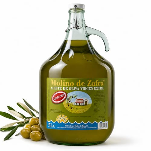 Aceite de Oliva Virgen Extra 5 Litros SERIE ORO en Garrafa de Vidrio Sin Filtrar | AOVE 100% Reserva Familiar Molino de Zafra Premium | Cosecha Tradicional, Primera Prensada en Frío y Calidad Gourmet