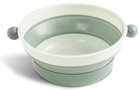 Green Collapsible Colander, Large Colander Plastic Rice & Fruit Washer with Deep Basin, Foldable Sieves and Strainers with Anti-Slip Base, Space Saving Kitchen Strainer for Draining & Storage