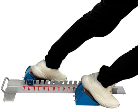 Bloque de inicio de atletismo ajustable, de aleación de aluminio con pedales antideslizantes de 0 a 60 cm, rango de ajuste 6 ángulos de pedal, azul y plateado, para entrenamiento de sprint y