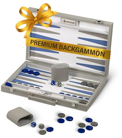 Backgammon-Set für Erwachsene, luxuriöses Premium-Leder-Backgammon-Brettspiel mit PU-Lederetui, Acrylchips und Würfelbechern – Elegantes graues Backgammon-Spielset