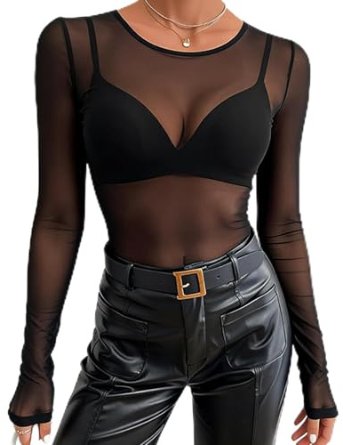 JinRuiCPeng Maglia Donna Trasparente Elegante a Maniche Lunghe, Top Brillantinato Donna, Top in Rete Nero con Dettagli Brillantinati, Camicia Sexy in Tulle (IT, Testo, L, Regular, Regular)