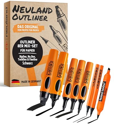 Neuland Outliner-Set I 8er Mix-Set in Schwarz mit verschiedenen Spitzen I Nachfüllbare & ergonomische Permanentmarker I Ideal für sattschwarze, verwischfeste Konturen in allen Formaten