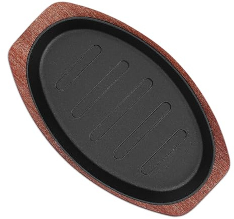 OHPHCALL Padella per Bistecche in Ghisa 10 Pollici con Base in Legno, Piastra Antiaderente per Grigliare, Piatto da Portata Resistente per Cucina e Ristorante