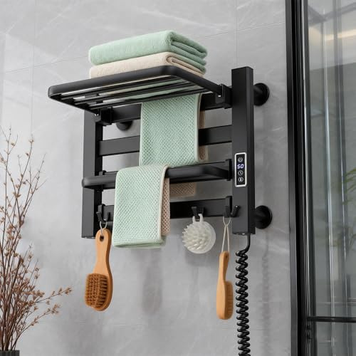 HRSMTY Scaldasalviette Elettrico Bagno, Portasciugamani Riscaldato 4 Barre, 35,5 x 48,5 cm, Termoarredo Asciugamani da Parete, Timer, Display LED, Temperatura Regolabile, 90W, Basso Consumo